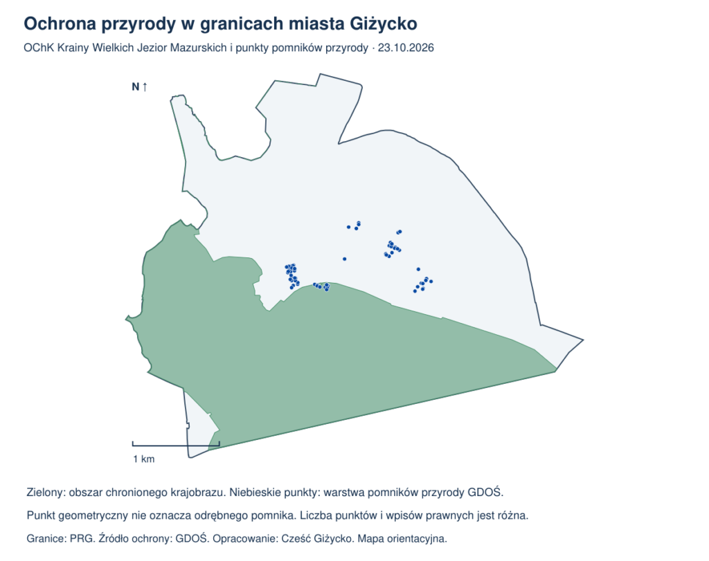 Obszar chronionego krajobrazu i lokalizacje punktów warstwy pomników przyrody w granicach miasta Giżycko.