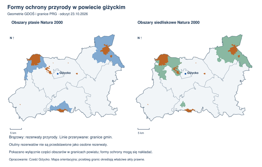 Rezerwaty oraz obszary ptasie i siedliskowe Natura 2000, przycięte do granic powiatu giżyckiego.