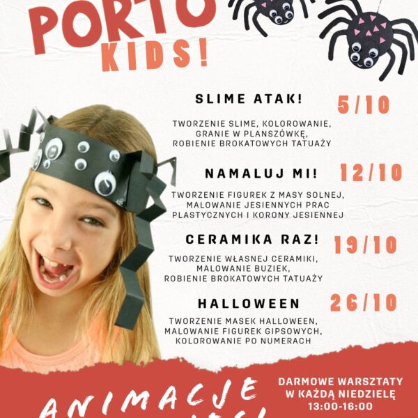 📅 12.10.2025📍 Porto Bistro, ul. Nadbrzeżna 5A, GiżyckoPorto Kids – niedzielne animacje dla dzieci w Porto Bistro