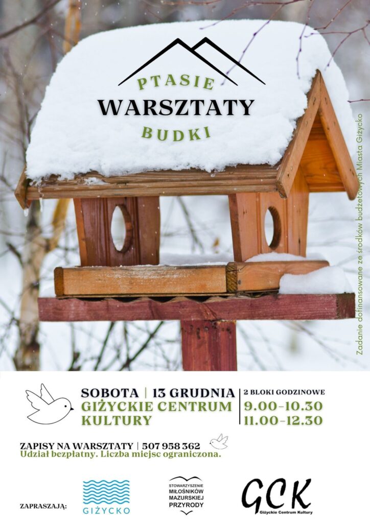 📅 13.11.2025📍 Giżyckie Centrum KulturyWarsztaty budowania karmników i budek lęgowych – zostań ptasim deweloperem!