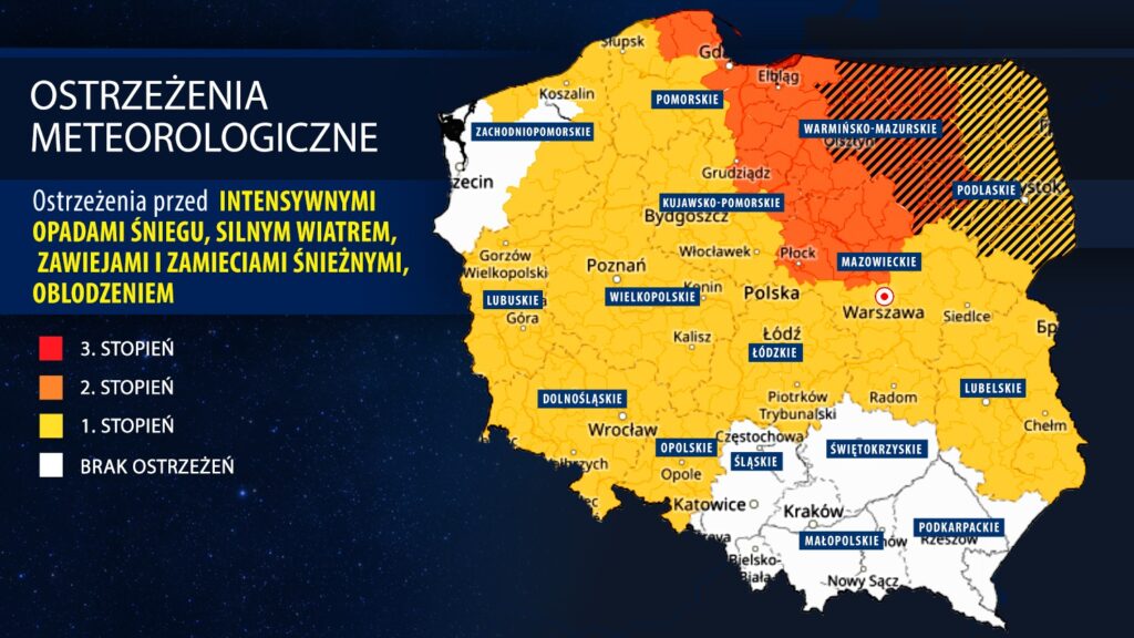 Alert pogodowy dla Giżycka i Mazur. IMGW ostrzega przed śnieżycą, silnym wiatrem i oblodzeniem