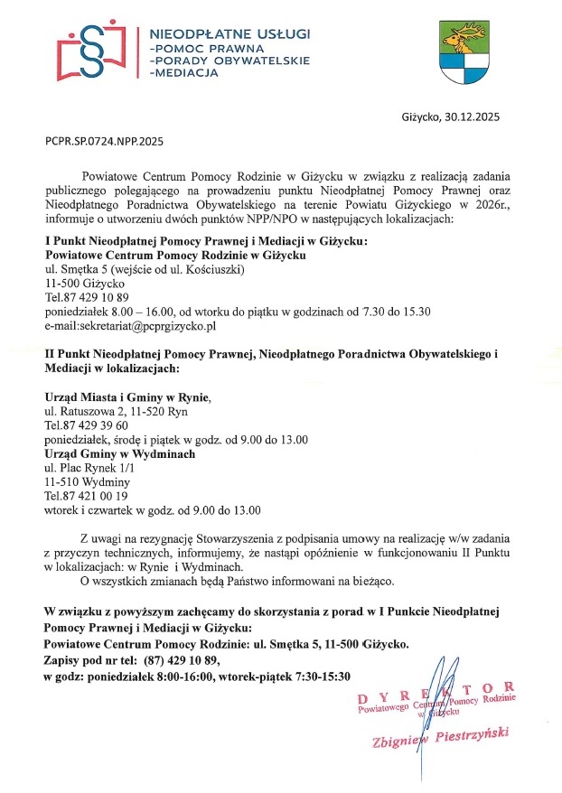 PCPR w Giżycku informuje o punktach nieodpłatnej pomocy w 2026 roku