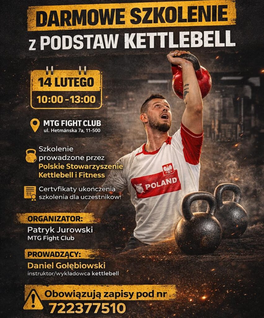 📅 14.01.2026📍 MTG Fight Club, ul. Hetmańska 7aBezpłatne szkolenie z podstaw kettlebell w Giżycku. MTG Fight Club zaprasza