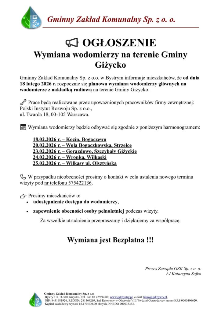 Wymiana wodomierzy w Gminie Giżycko. Sprawdź harmonogram i terminy w swojej miejscowości