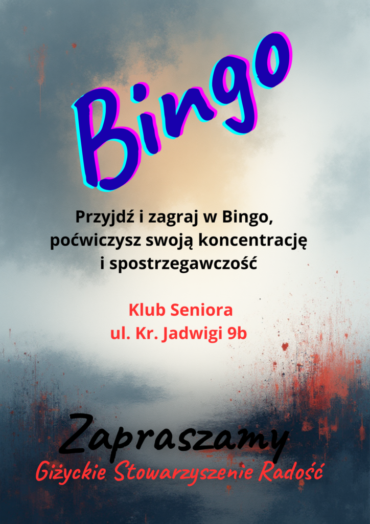 📅 25.03.2026📍 Klub Seniora, ul. Królowej Jadwigi 9bBingo w Giżycku już 25 marca. Giżyckie Stowarzyszenie Radość znów zaprasza do wspólnej zabawy