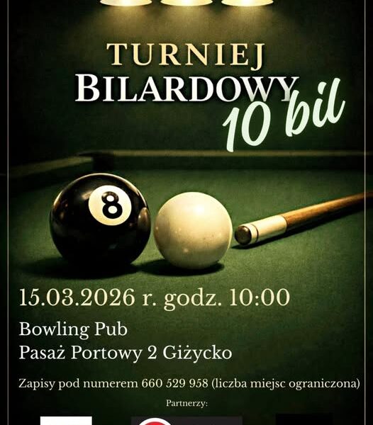 Turniej bilardowy 10-bil w Giżycku. Startuje nowy cykl zawodów w Bowling Pubie📅 15.03.2026📍 Bowling Pub Biłas & Synowie, Pasaż Portowy 2, Giżycko