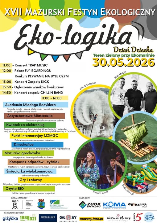 XVII Mazurski Festyn Ekologiczny Eko-Logika i Dzień Dziecka w Rynie. Ekologia, atrakcje i zabawa nad jeziorem Ryńskim