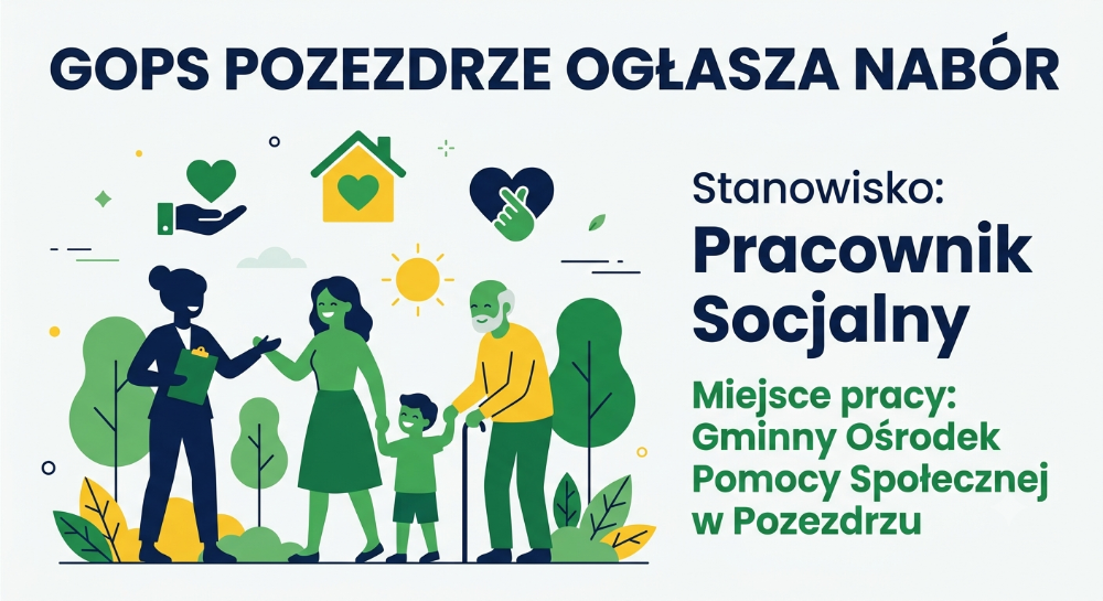 Grafika ilustrująca nabór na stanowisko pracownika socjalnego w Pozezdrzu