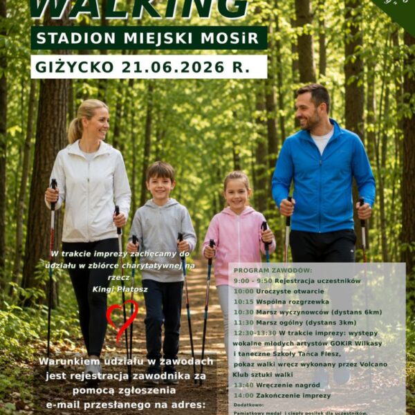 Rodzinny marsz Nordic Walking w Giżycku. Aktywność, zdrowie i dobra zabawa na Stadionie MOSiR