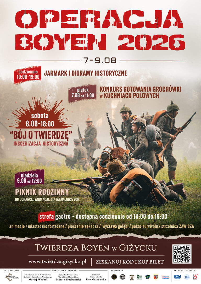 Oficjalny plakat Operacji Boyen 2026 z programem 7–9 sierpnia, partnerami i patronami