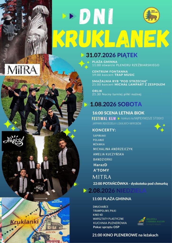 Plakat Dni Kruklanek 2026 z programem na 31 lipca - 2 sierpnia