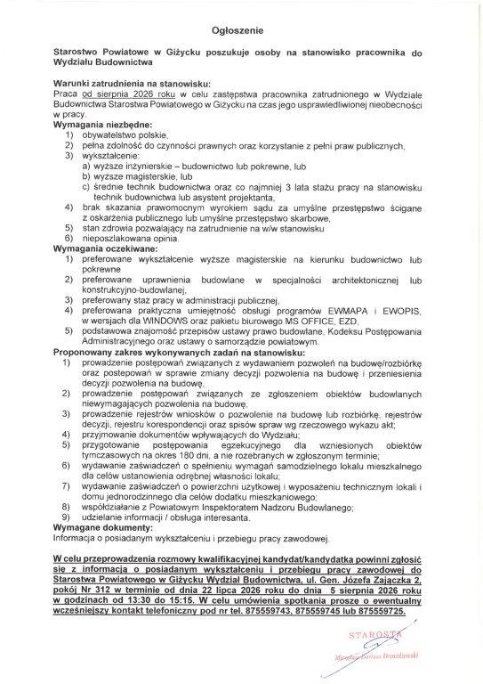 Ogłoszenie o pracy na zastępstwo w Wydziale Budownictwa Starostwa w Giżycku