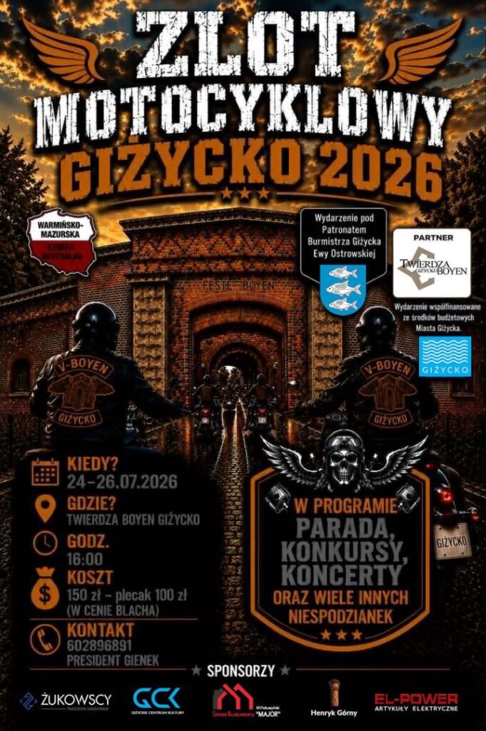 Oficjalny plakat zlotu motocyklowego V Boyen w Giżycku 24-26 lipca 2026