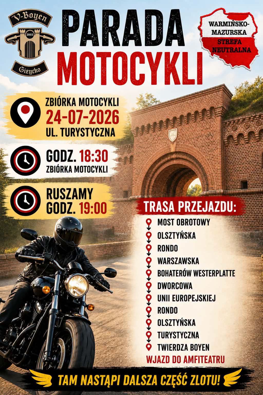 Grafika organizatora z trasą parady motocykli V Boyen w Giżycku 24 lipca 2026