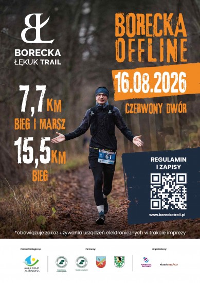 Plakat Borecka Offline 2026, bieg i marsz w Puszczy Boreckiej 16 sierpnia