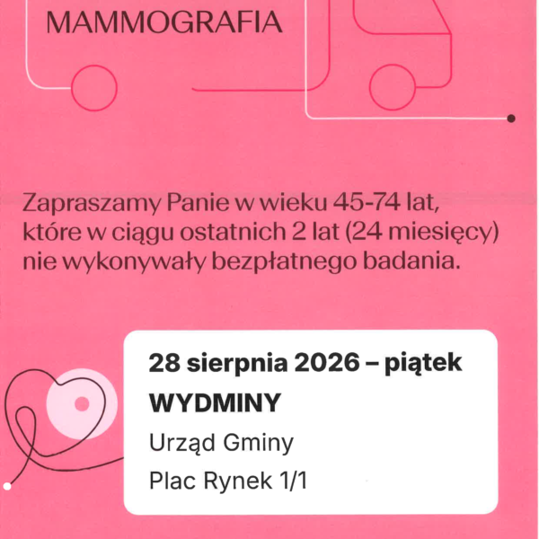 Plakat bezpłatnej mammografii w Wydminach 28 sierpnia 2026