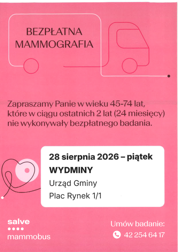 Plakat bezpłatnej mammografii w Wydminach 28 sierpnia 2026