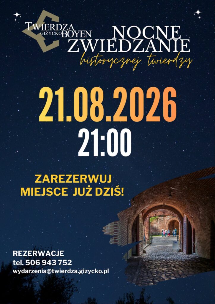 Plakat nocnego zwiedzania Twierdzy Boyen 21 sierpnia 2026 roku