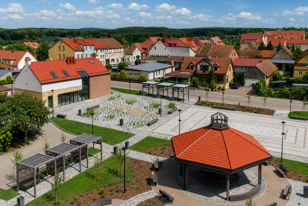 Odnowiona przestrzeń targowa i rynek w Wydminach z lotu ptaka