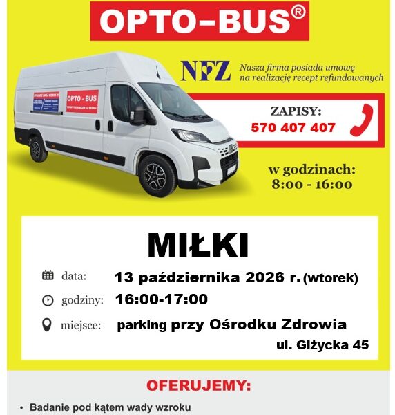Plakat Opto-Bus w Miłkach 13 października 2026 roku, badanie wzroku i zapisy