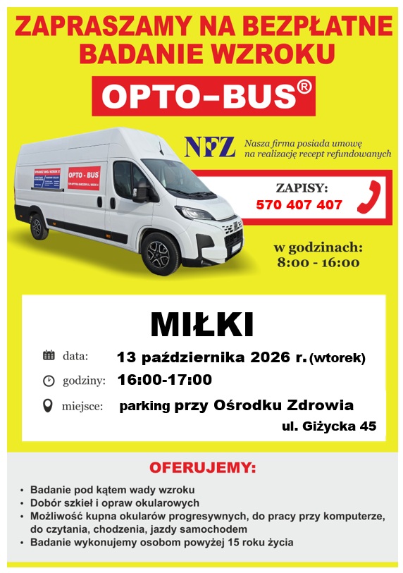 Plakat Opto-Bus w Miłkach 13 października 2026 roku, badanie wzroku i zapisy
