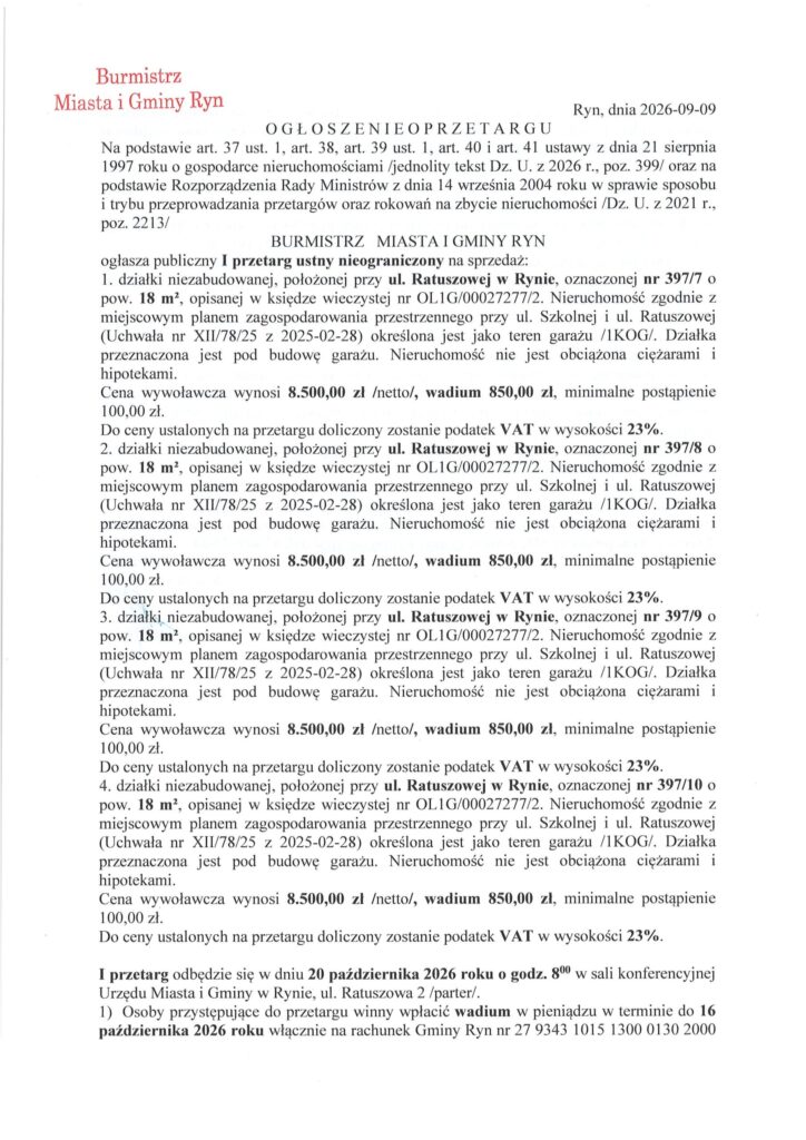 Pierwsza strona ogłoszenia o przetargu na cztery działki w Rynie