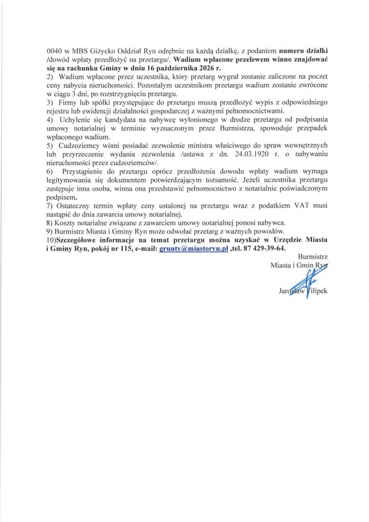 Druga strona ogłoszenia z zasadami udziału w przetargu w Rynie