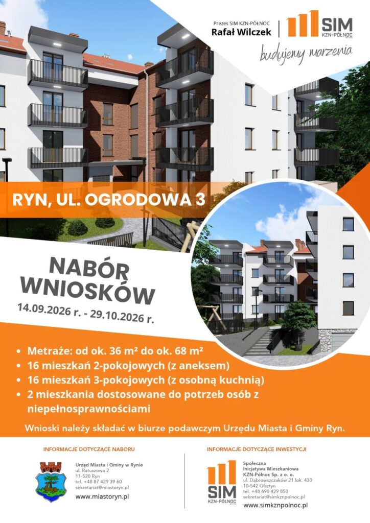 Mieszkania SIM przy Ogrodowej 3 w Rynie. Nabór do 29 października, znamy limity i koszty