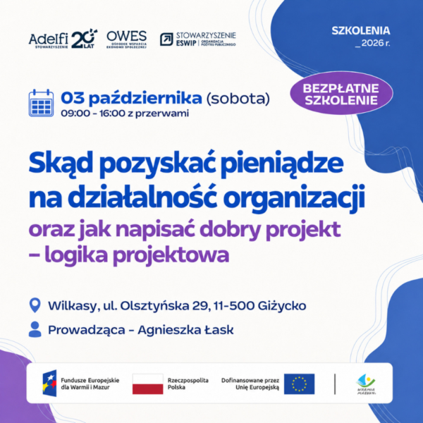 Bezpłatne szkolenie o finansowaniu działań organizacji w Wilkasach, 3 października 2026 roku