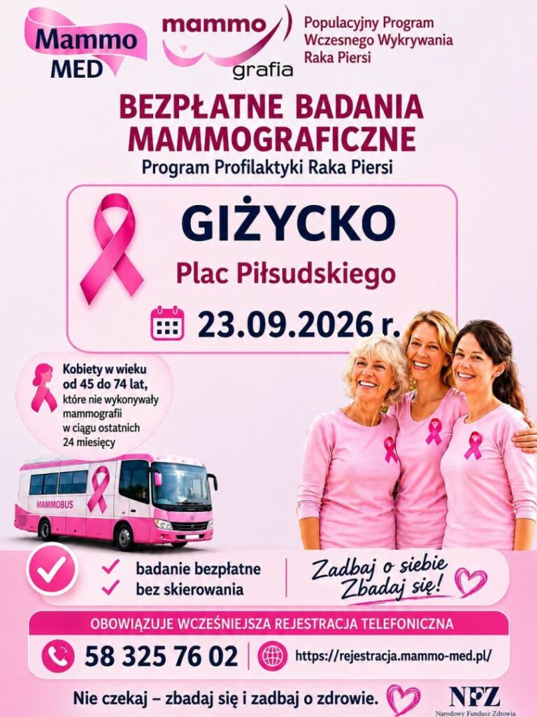 Plakat bezpłatnej mammografii w Giżycku 23 września 2026