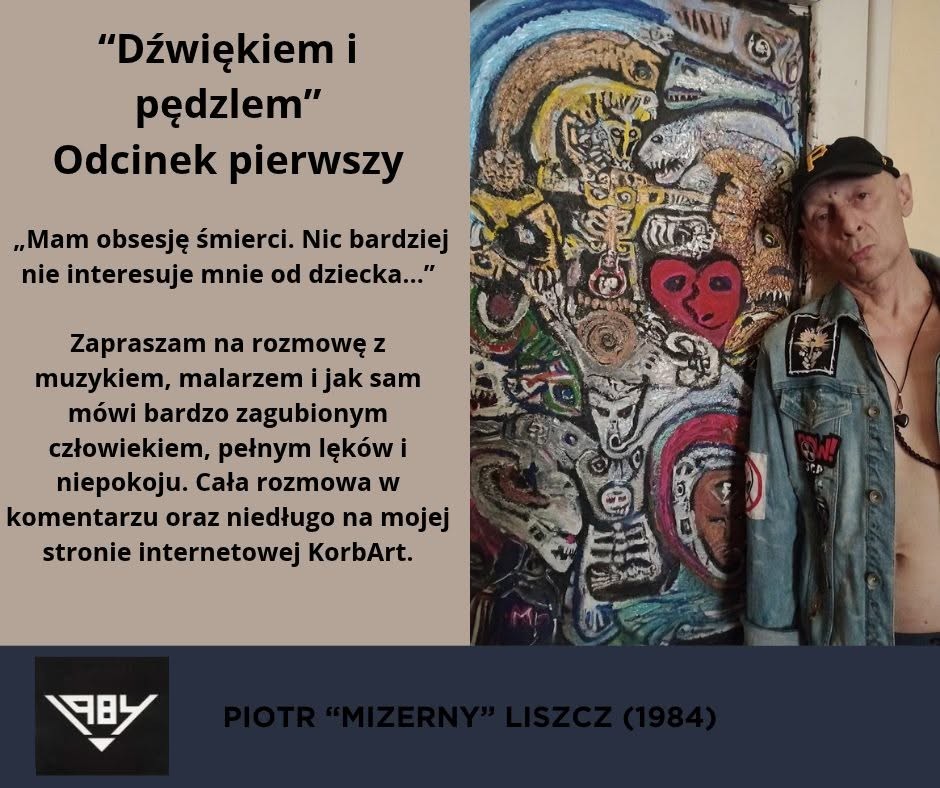 Grafika cyklu Dźwiękiem i pędzlem z Piotrem Liszczem obok obrazu i zapowiedzią rozmowy