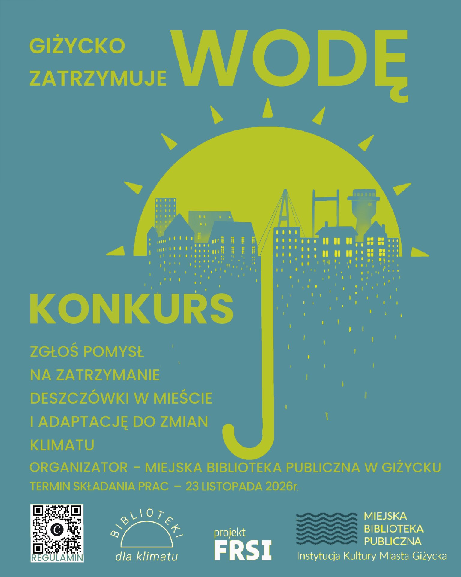 Plakat konkursu Giżycko zatrzymuje wodę z terminem zgłoszeń 23 listopada 2026 roku