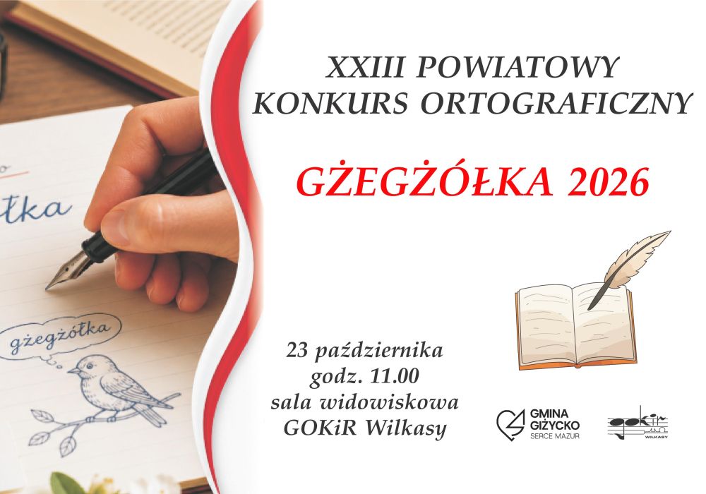 Plakat konkursu ortograficznego Gżegżółka 2026 w Wilkasach