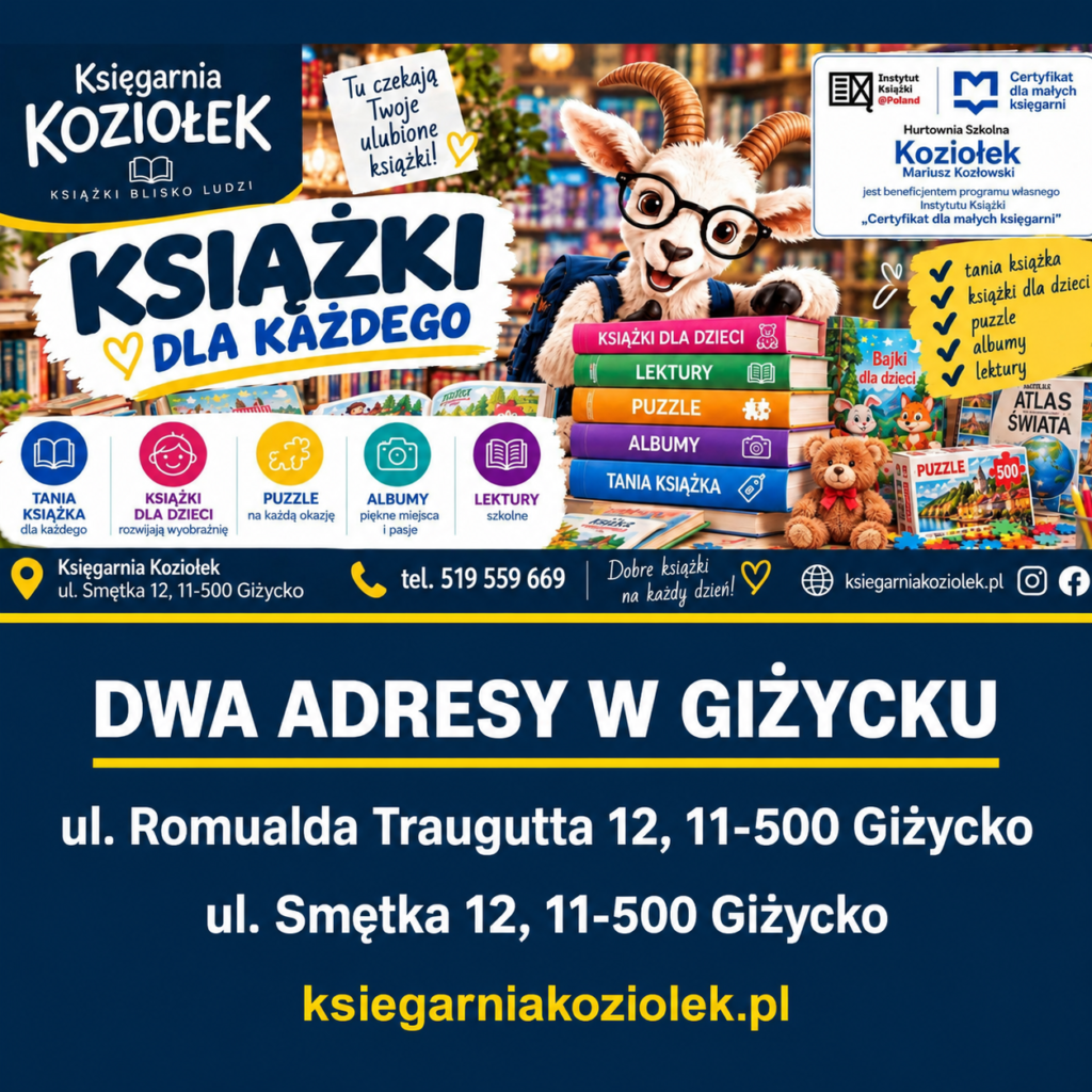 Reklama Księgarni Koziołek w Giżycku z dwoma adresami i Certyfikatem dla małych księgarni