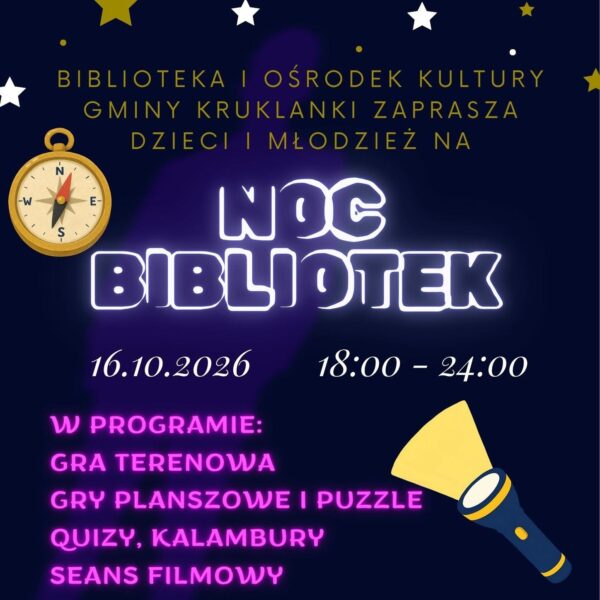 Plakat Nocy Bibliotek 2026 w Kruklankach z programem
