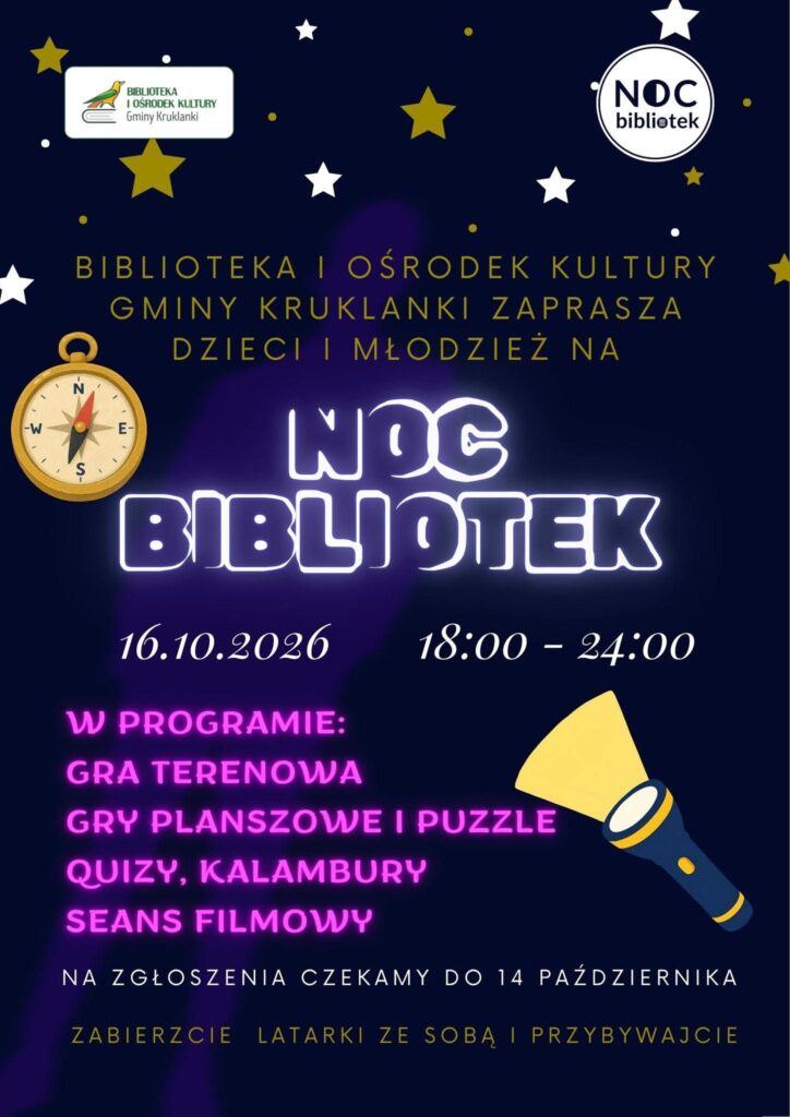 Plakat Nocy Bibliotek 2026 w Kruklankach z programem