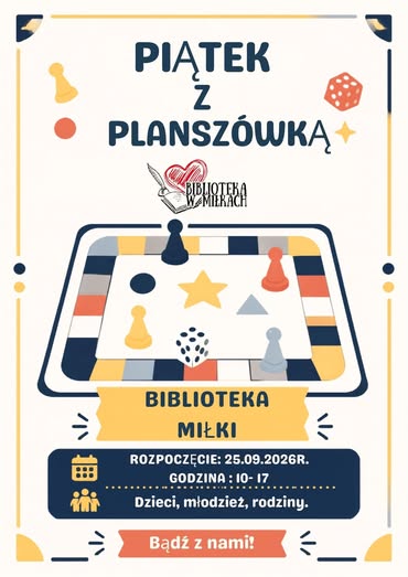 Plakat Piątek z planszówką w Bibliotece w Miłkach