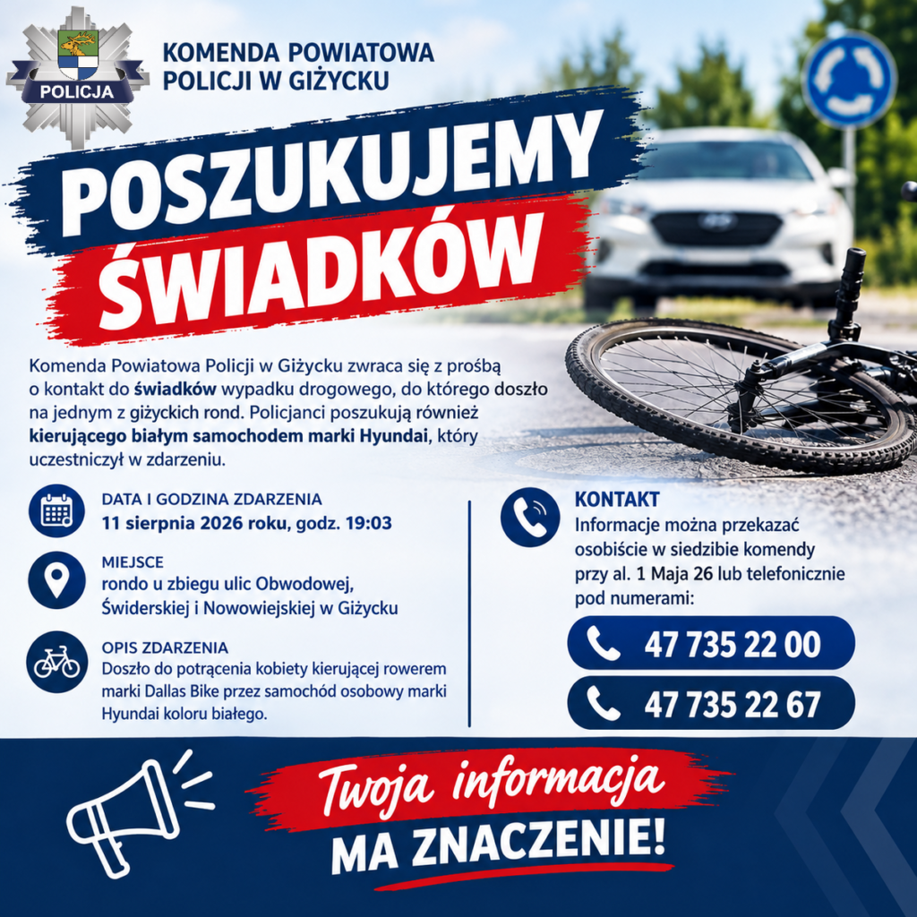 Policja szuka kierowcy białego Hyundaia po potrąceniu rowerzystki w Giżycku