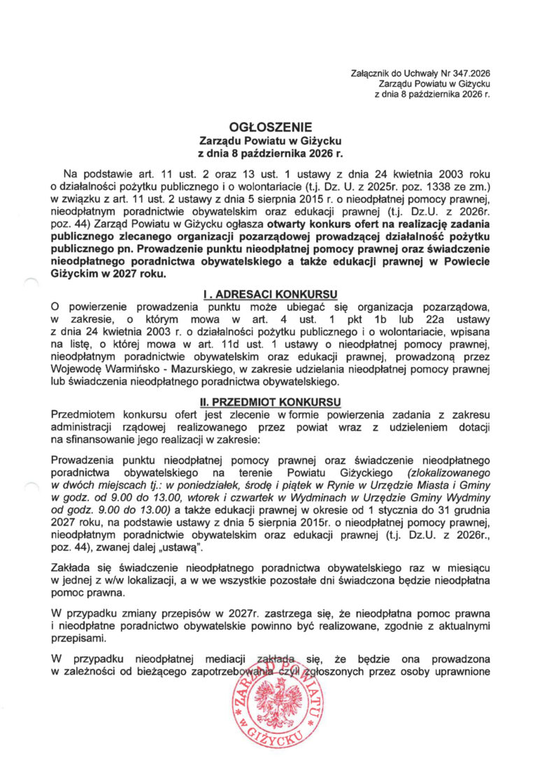 75,5 tys. zł na punkt pomocy prawnej. Powiat czeka na oferty NGO