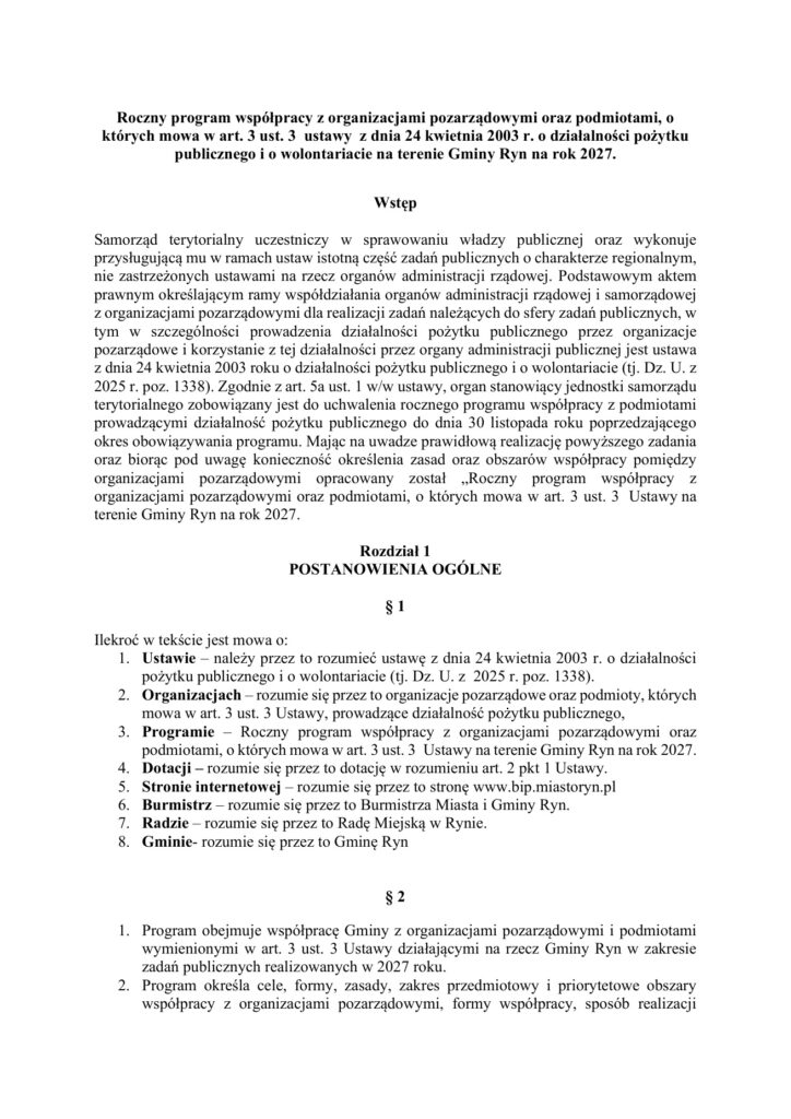 Pierwsza strona projektu programu współpracy Gminy Ryn z organizacjami pozarządowymi na 2027 rok