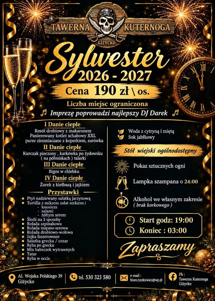 Sylwester 2026/2027 w Tawernie Kuternoga w Giżycku - plakat, cena 190 zł od osoby, rezerwacje 530 323 580