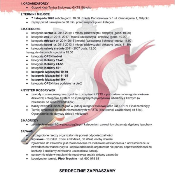 Plakat XXIV Turnieju Tenisa Stołowego o Puchar Burmistrza Giżycka