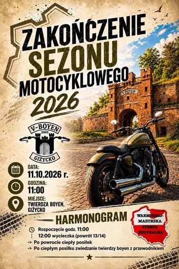 Plakat zakończenia sezonu motocyklowego V-Boyen 2026 w Giżycku