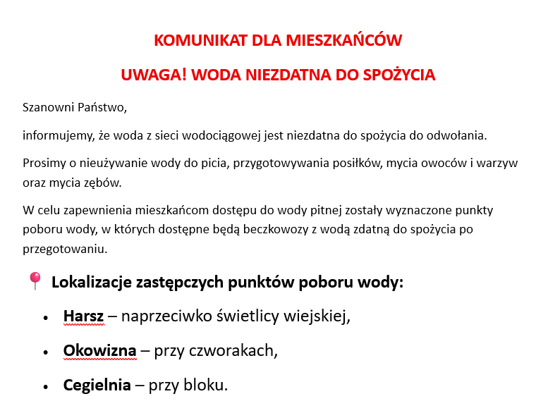 Punkty poboru wody w Harszu, Okowiźnie i Cegielni
