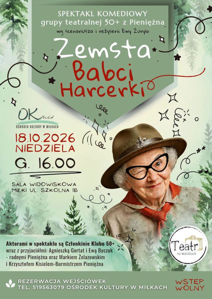 Plakat spektaklu Zemsta Babci Harcerki w Miłkach